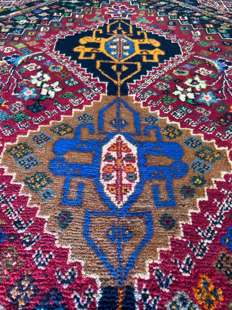 Small tribal rug 5x7 corner and border detail, red navy #P1200