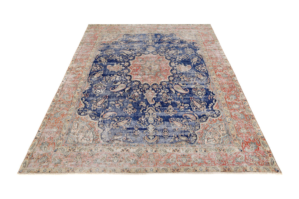 9.4 x 12.0 Vintage Persian Rug Low Pile Blue Coral #P1251