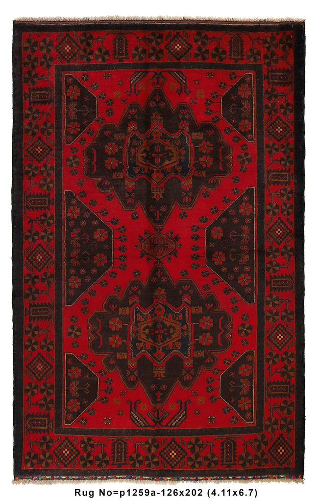 4.1 x 6.7 Tribal Handmade Afghan Rug Red Black #P1259