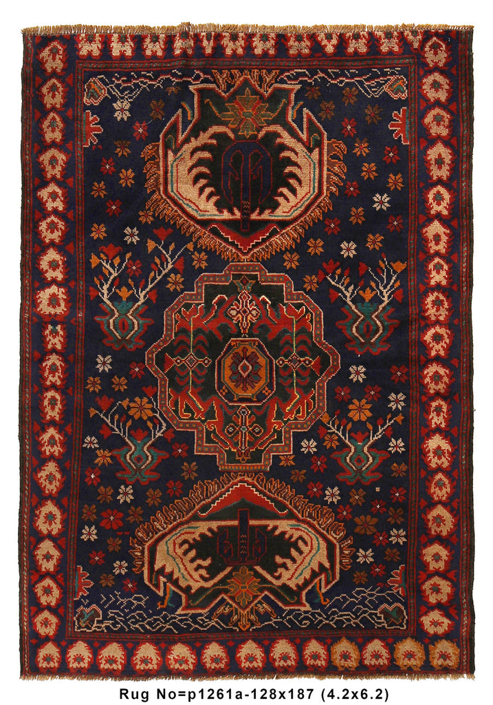 4.2 x 6.2 Dark Blue Afghan Tribal Rug #P1261