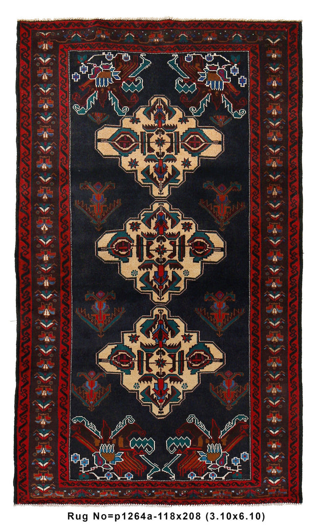 3.10 x 6.10 Black Blue Tribal Wool Rug #P1264