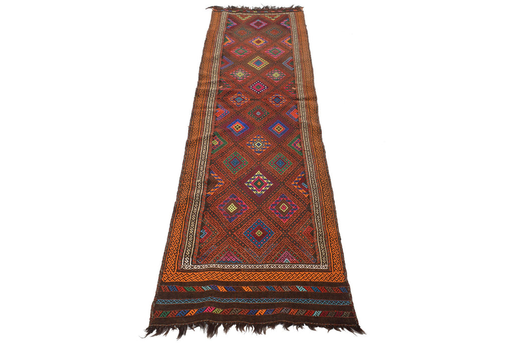 2.6 x 9.1 Afghan Flat Weave Wool Rug #P943