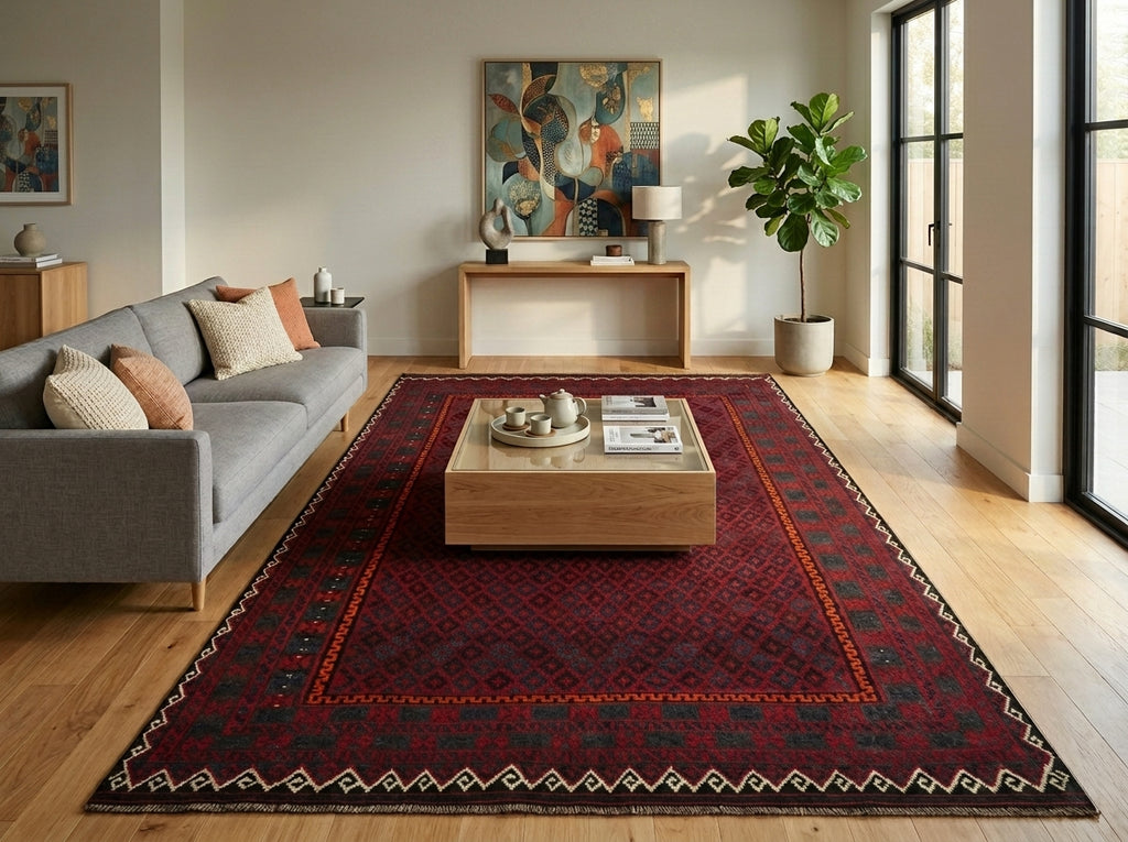 Living room with a red patterned rug, gray sofa, and wooden coffee table.