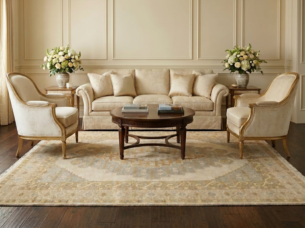 Living room with beige sofa, armchairs, and a coffee table on a patterned rug.