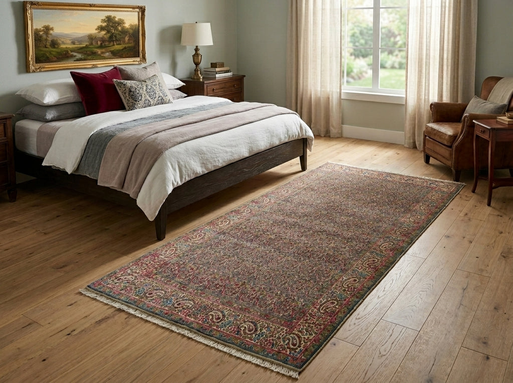 Bedroom with a large bed, decorative pillows, and a patterned rug on wooden flooring.