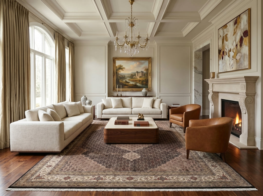 Luxurious living room with a decorative rug.
