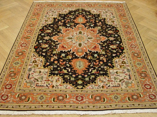 5 x 6.9 Fine Persian Tabriz Rug Wool and Silk 400 Kpsi Black Geometric #PIX-1683