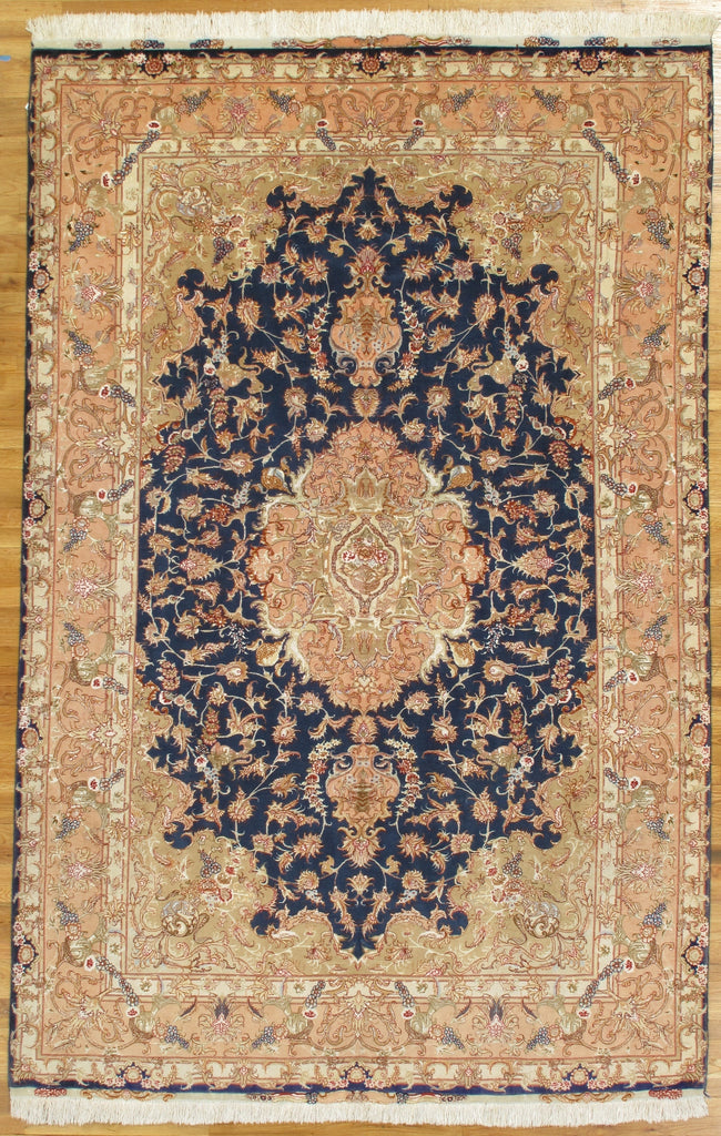 6.7 x 10.3 High Quality Genuine Persian Tabriz Rug Wool and Silk on Silk 400 Kpsi Royal Blue Peach #PIX-26292