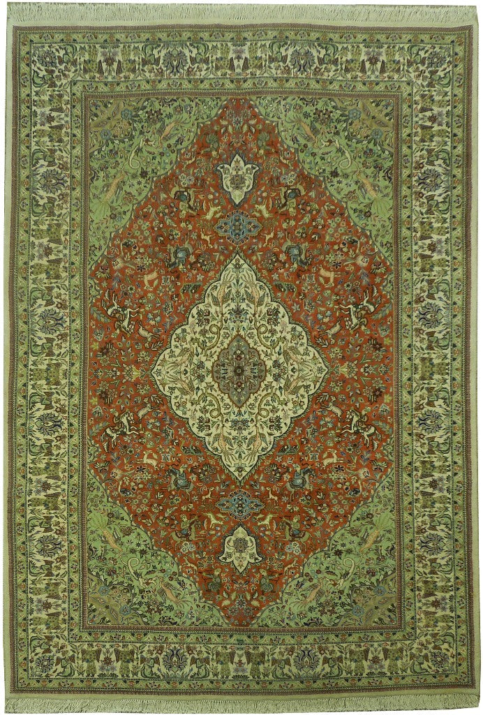 6.9 x 10 Authentic Persian Tabriz Tabataba Rug Hunting Deer's Birds 