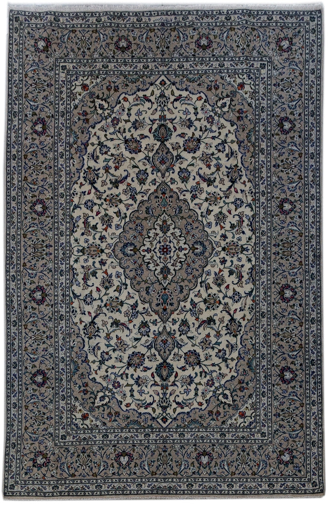 6.7 x 10 Signed Persian Ivory Blue Kashan Rug Iran #B-81215