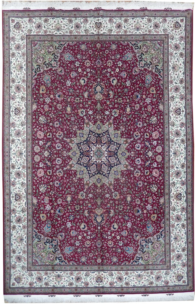8 x 12 Super Fine Authentic Persian Tabriz Rug Handmade Iran Wool and Silk on Silk on Silk  500 Kpsi  Rich Burgundy #PIX-21838
