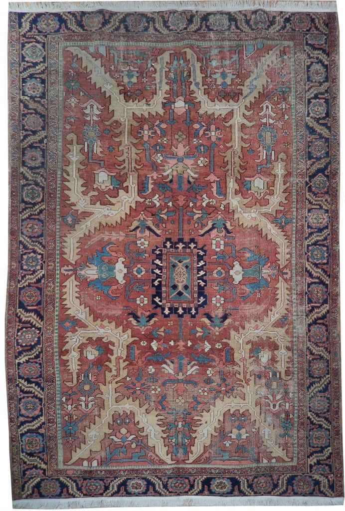 8 x 11.3 Authentic Persian Antique Serapi Rug 1940's