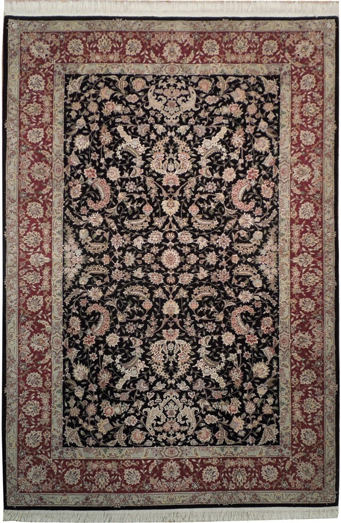 6 x 8.10 High Quality Wool and Silk New Handmade Rug BLACK #PIX-18826