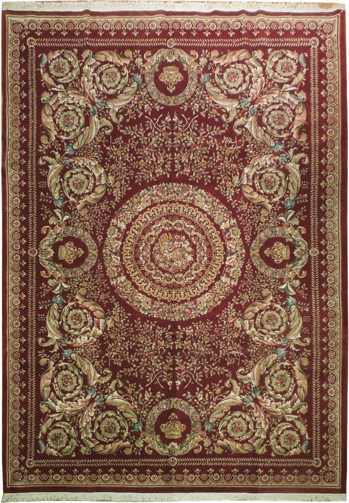 10.2 x 14 Amazing Handmade Rug French Savanerie Wool Burgundy Gold #PIX-17317