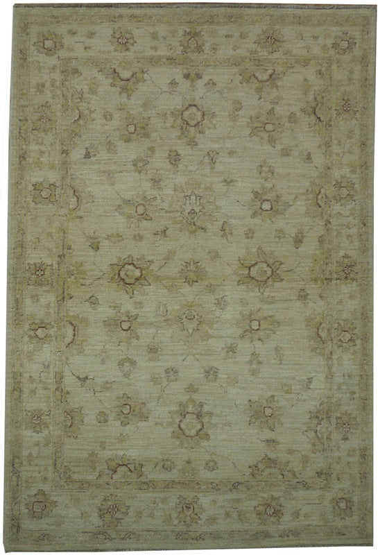 4 x 5.10 beige Sage green Chobi Peshawar Handmade Rug #PIX-20270