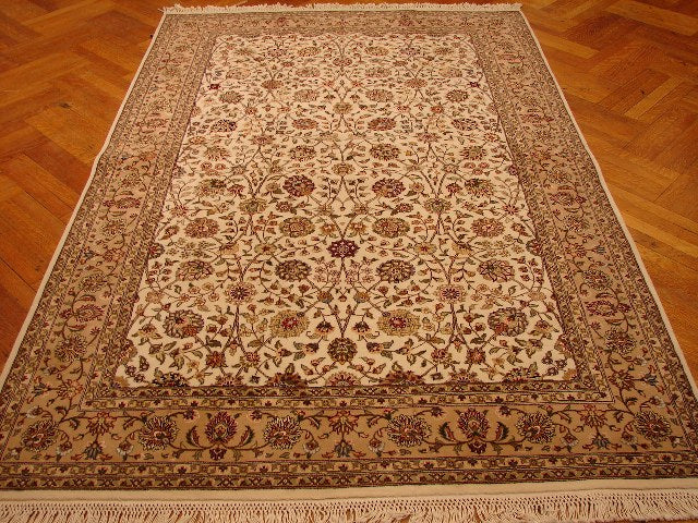 5.10 x 9 Silk & Wool Sino Tabriz Quality Handmade Rug Ivory Tan #PIX-13831