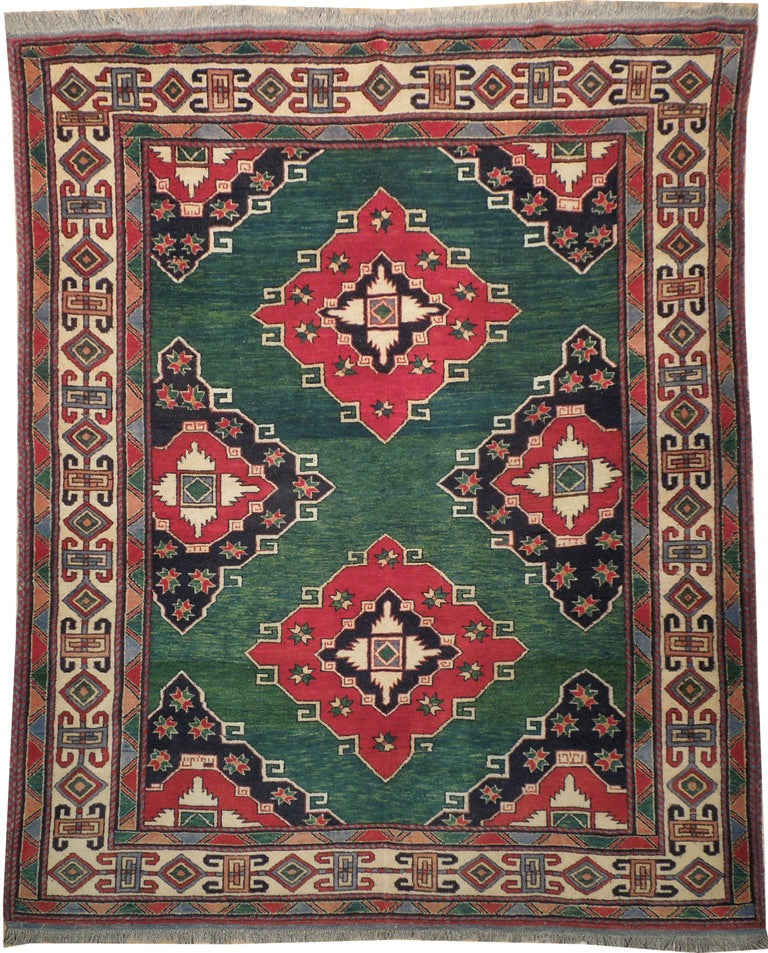 6 x 7 Green Hand-Knotted Kazak Afghan Rug Wool on Wool 