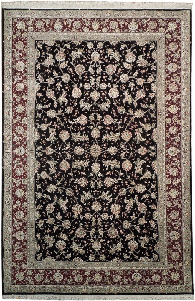 6 x 9 High Quality Handmade Rug Wool and Silk BLACK Burgundy #PIX-18825