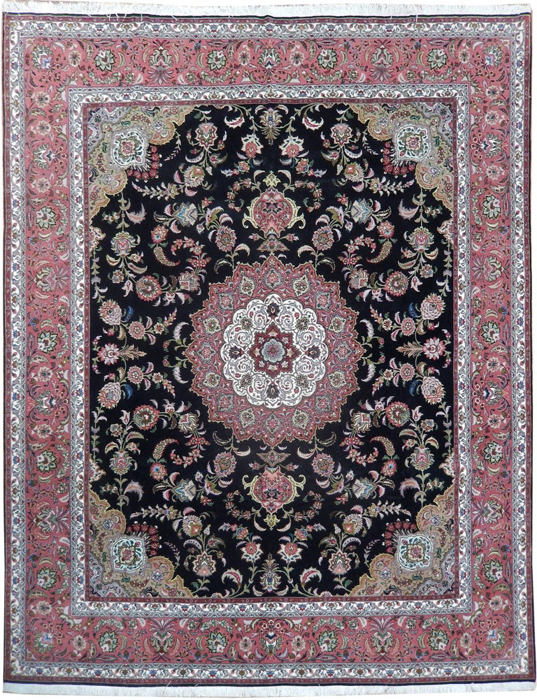8.2 x 10 Authentic Persian Tabriz Rug Black Wool and Silk High Quality Handmade Iran 400 KPSI #PIX-21851