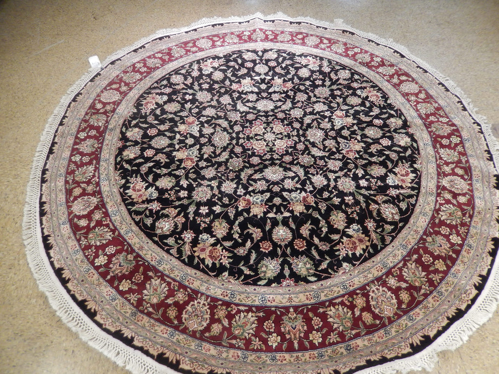 8 feet ROUND Fine Weave Quality Wool and Silk Pile Hand knotted Rug BLACK  #PIX-25740A