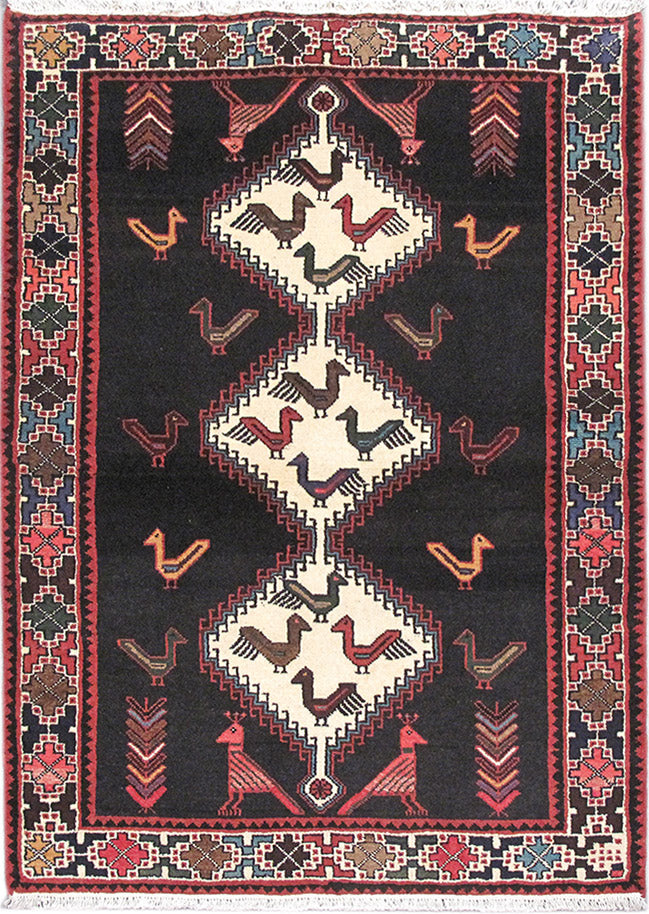 3.7 x 5 Persian Tribal Carpet Hand-Knotted Iran Black Premitive Birds #PIX-82745