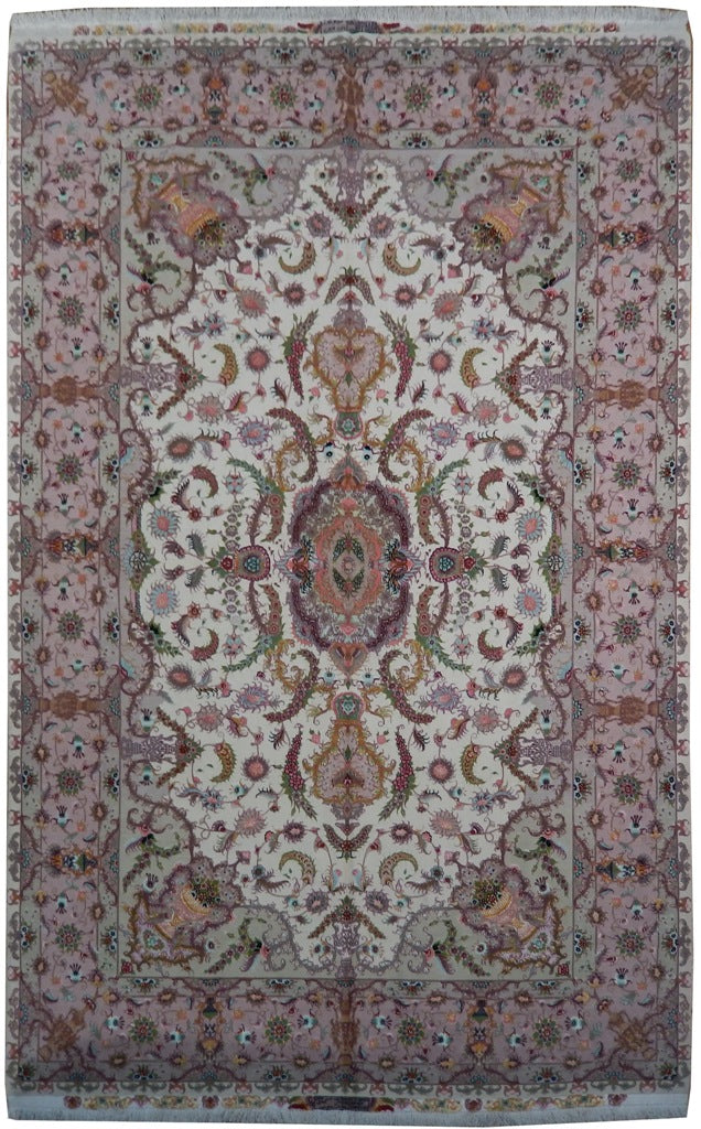 6.7 x 10.3 High Quality Persian Tabriz Rug Ivory Lavander  Wool and Silk 400 Kpsi #PIX-21984