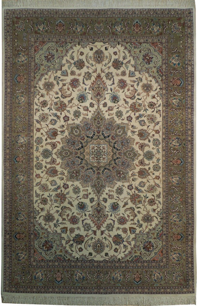 6.7 x 9.8 Fine Authentic Persian Tabriz Rug Handmade Iran Wool and Silk 400 KPSI Ivory Green #PIX-18140