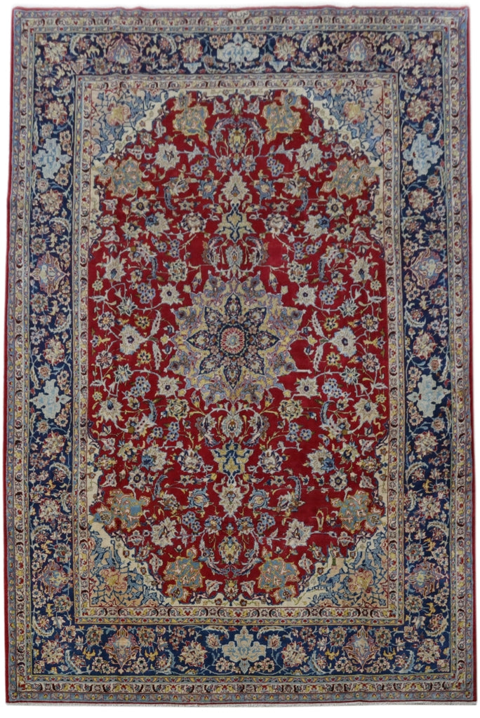 10.7 x 15.8 SIGNED CARPET Persian Najafabad Esfahan Wool Rug Red Blue #B-81108