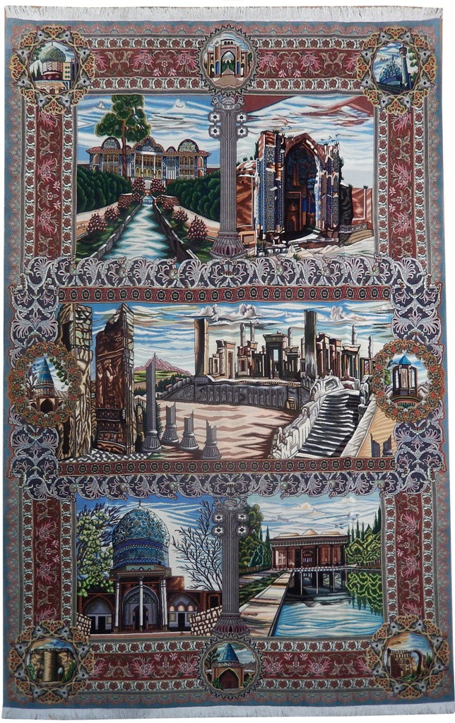 6.6 x 10 Authentic Iran Pictorial Persian Rug Wool and Silk 400 Kpsi