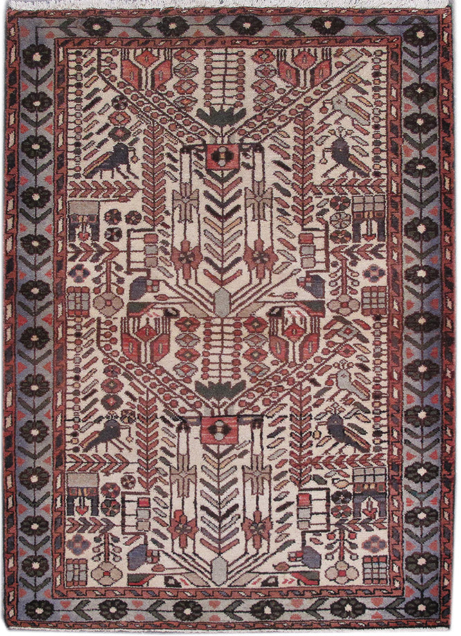 3.6 x 5 Persian Tribal Rasht Rug Primitive Birds #PIX-82752