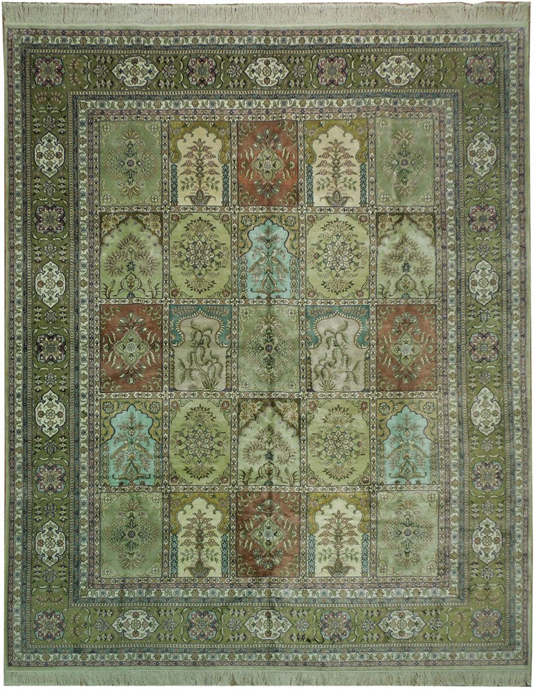 8.3 x 10.2 Handmade Silk Rug GREEN Multi Color Baktiar Box Pattern #PIX-17294