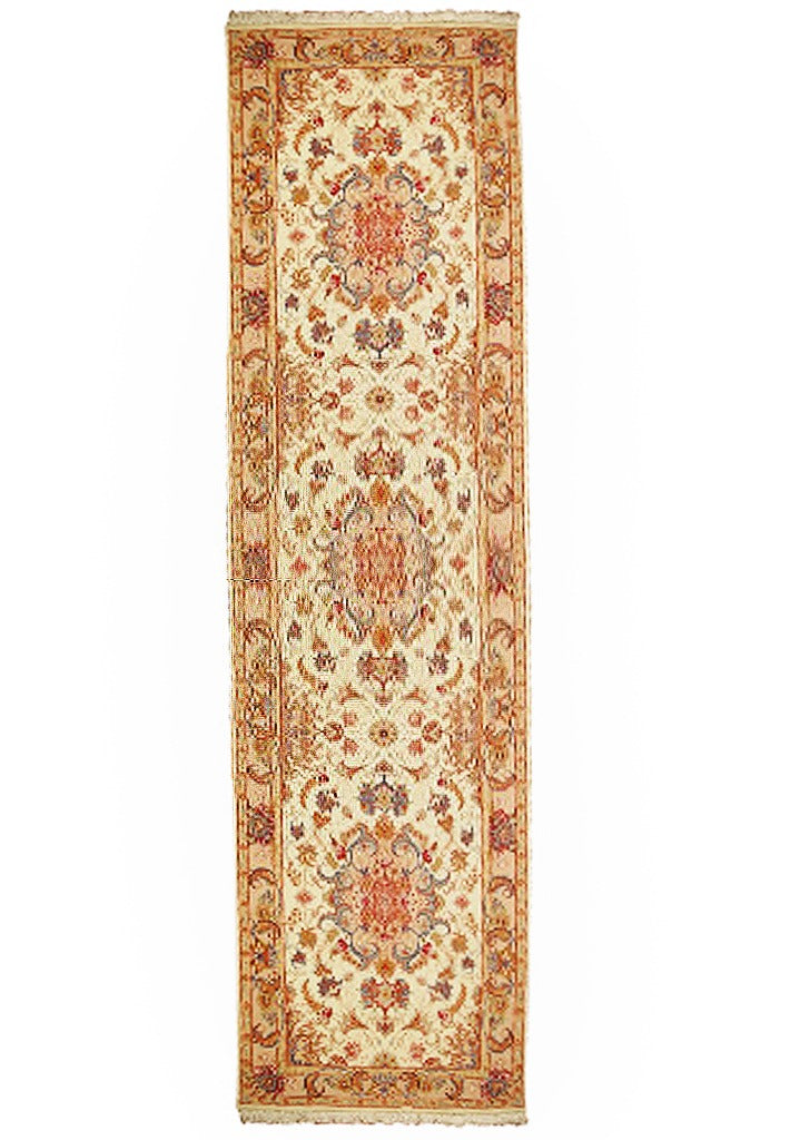 3' x 10' Ivory Persian Tabriz Wool & Silk Rug 1370