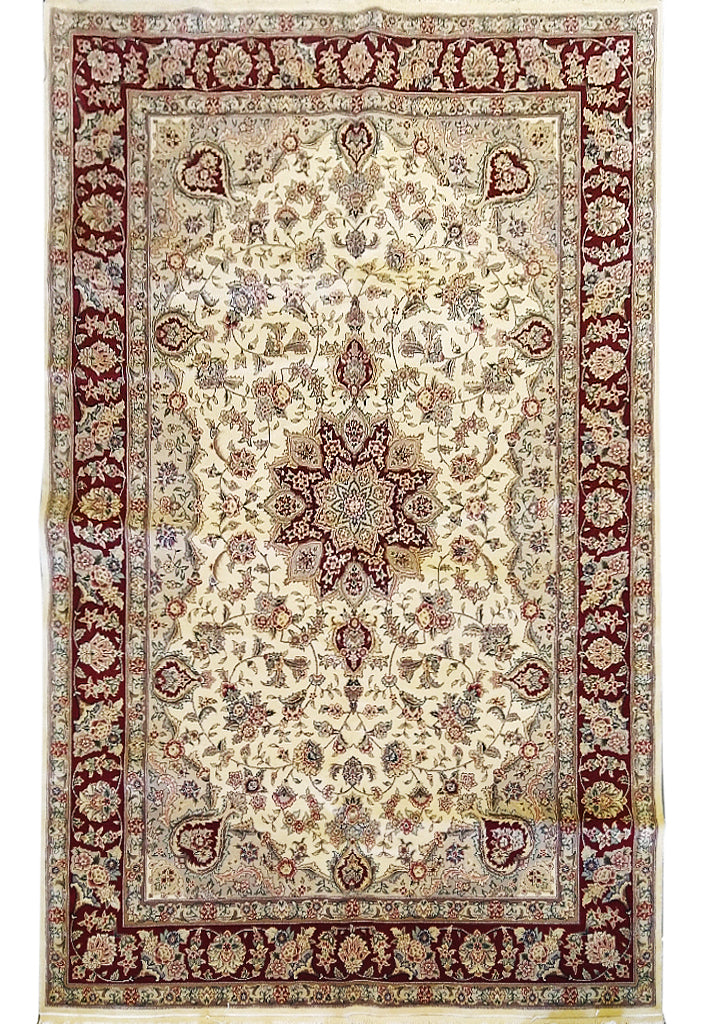 6 x 9 Wool and Silk Rug IVORY BURGUNDY #5345
