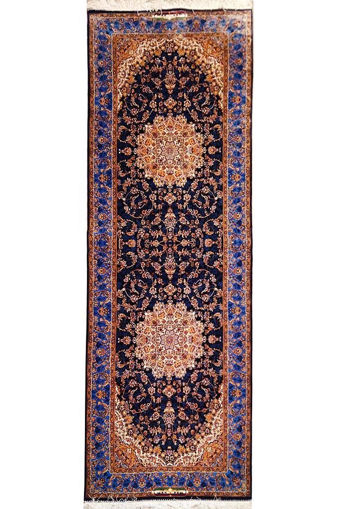 8' feet Turkish Silk Runner Dark Black Blue  #F-5564