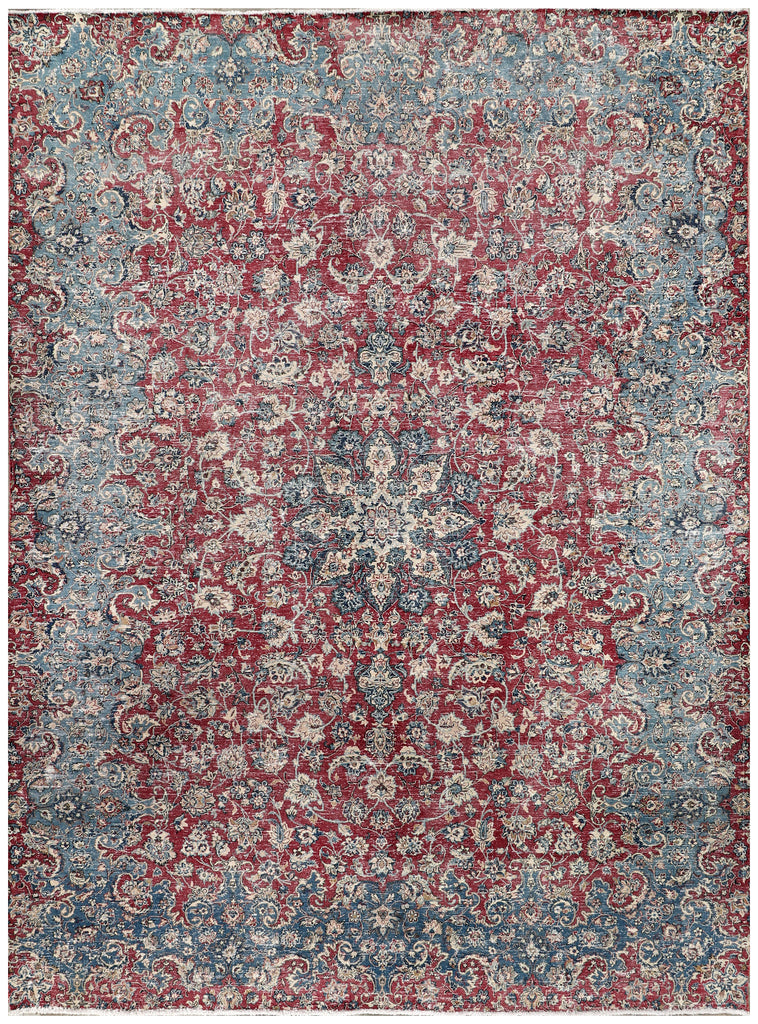 8.2 x 11.1 Persian Vintage Hand-knotted Rug Faded Blue Red Pre-Owned Evenly Worn Low pile PK95