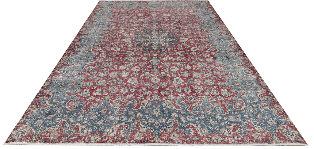 8.2 x 11.1 Persian Vintage Hand-knotted Rug Faded Blue Red Pre-Owned Evenly Worn Low pile PK95