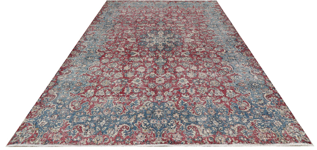 8.2 x 11.1 Persian Vintage Hand-knotted Rug Faded Blue Red Pre-Owned Evenly Worn Low pile PK95