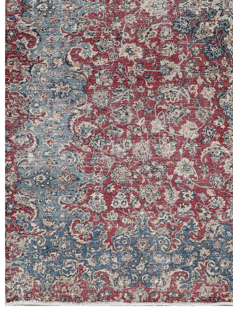 8.2 x 11.1 Persian Vintage Hand-knotted Rug Faded Blue Red Pre-Owned Evenly Worn Low pile PK95