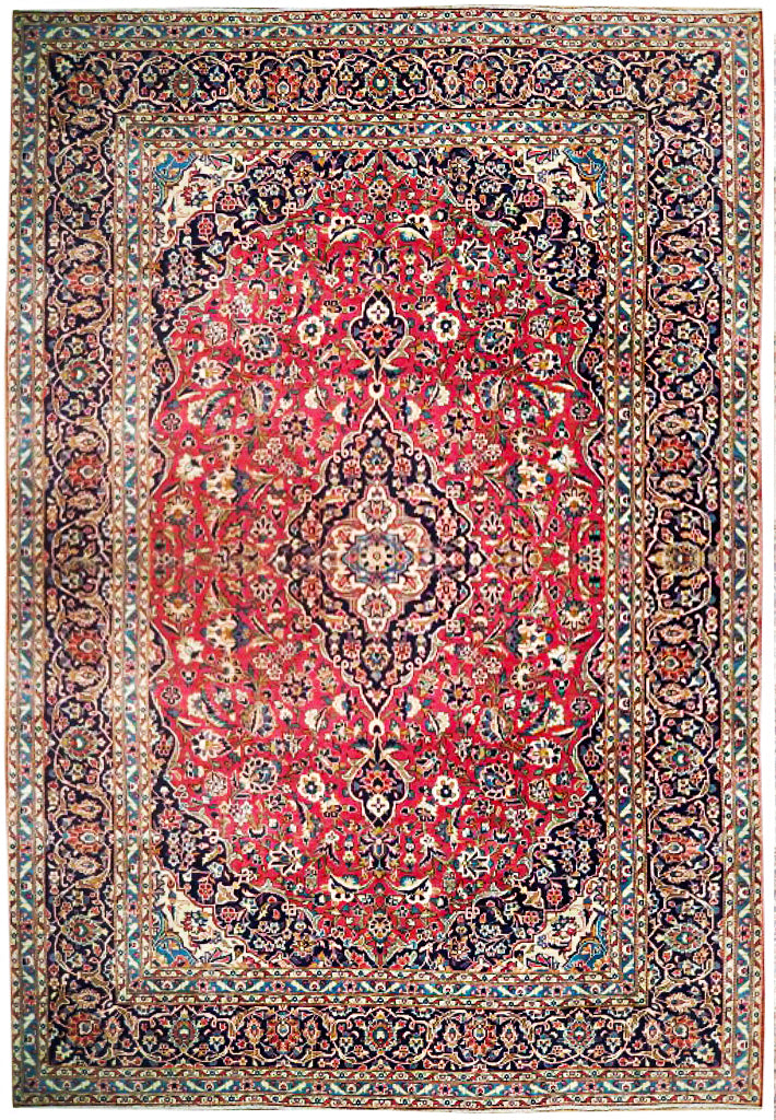 9.5 x 13.5 Persian Kashan Iran Rug RED BLUE 72893