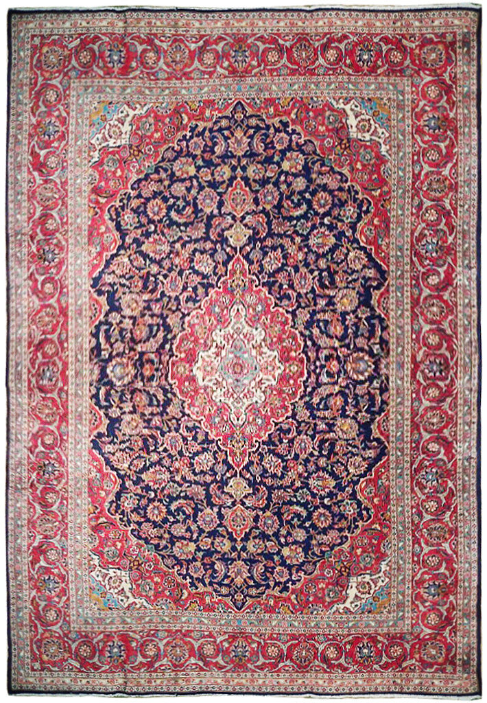 9.3 x 13.1 Navy Blue Semi-Antique Persian Kashan Rug 73075