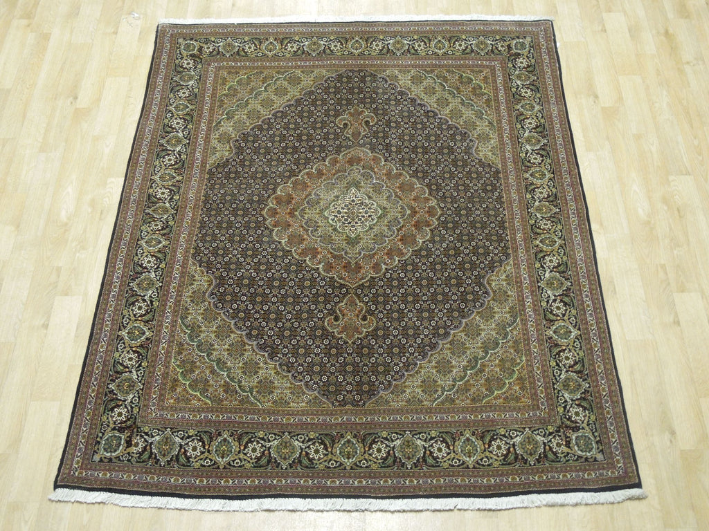 5 x 6.4 Black Wool & Silk Fine Quality Persian Tabriz Mahi Rug 74984