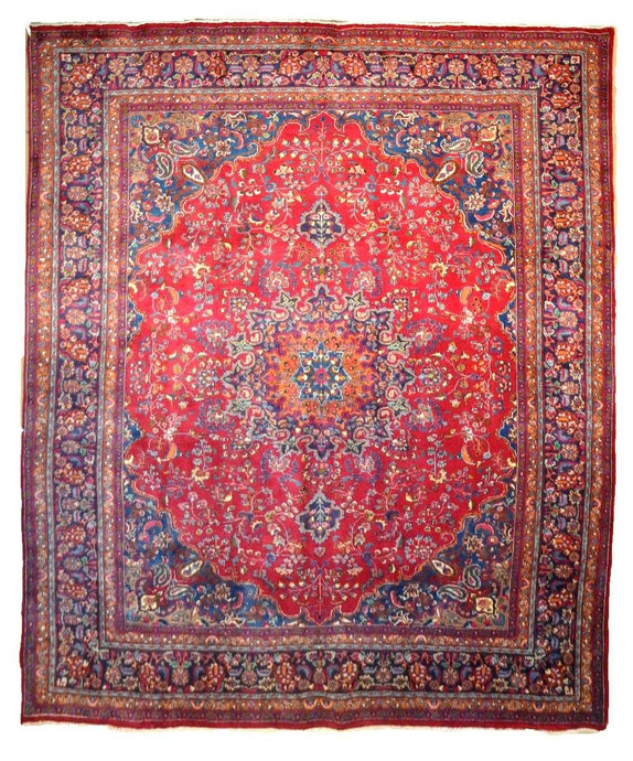 10x13 RED BLUE Persian MASHAD Rug 78892 - bestrugplace