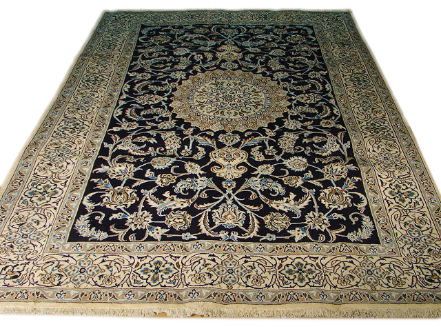 6.6 x 9.10 Midnight Blue Quality Wool and Silk Persian Nain Rug B10-0779