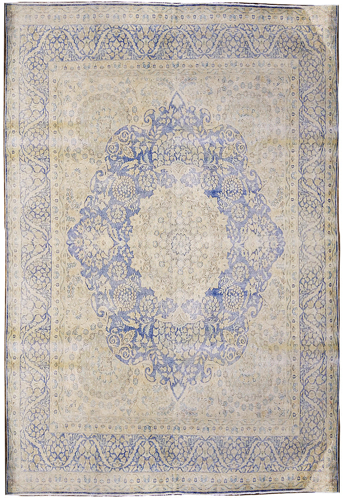 VINTAGE 10' x 13' Persian Kerman Old Worn Carpet Beige Blue #5039