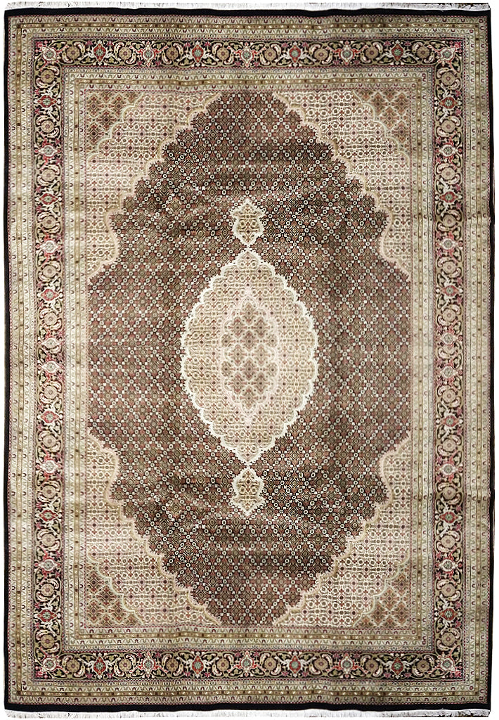 8.4 x 11.5 Fine Weave 200 KPSI BLACK Tabriz Mahi Wool and Silk Hand-knotted in India #F-5608