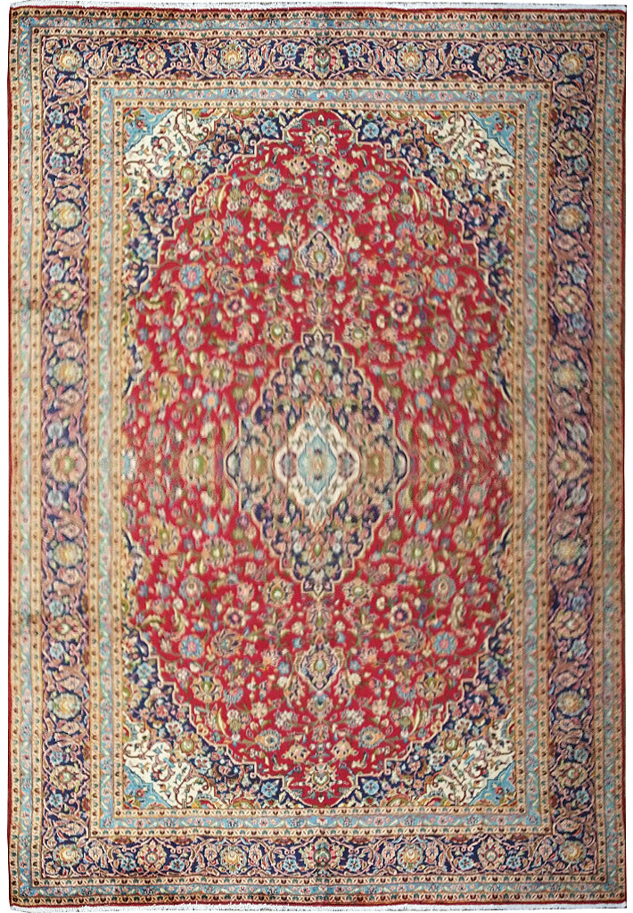 9.6 x 13.10 Persian Red Blue Traditional Kashan Rug Semi-Antique #F-5625