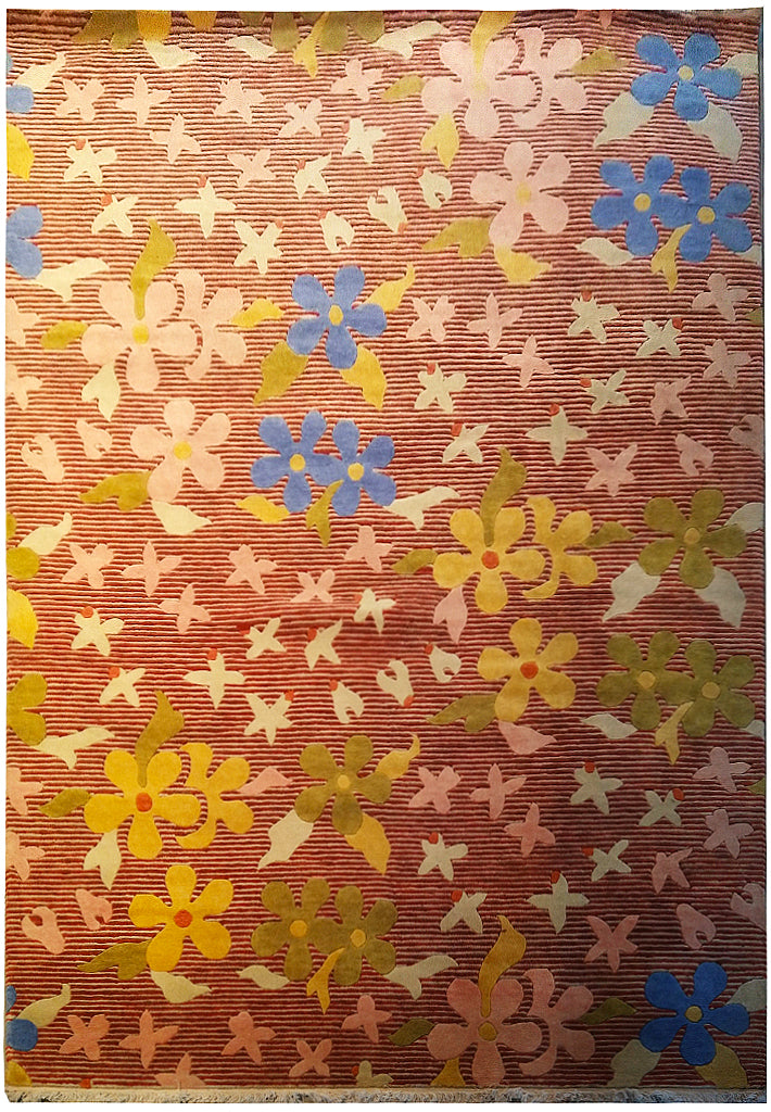 6 x 9 Wool and Silk Modern rug Hand-knotted in India CORAL COLORFUL #F-5652