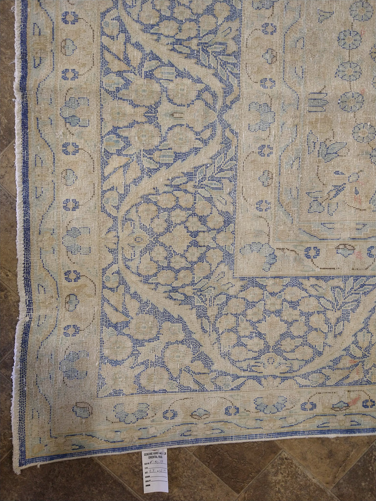 VINTAGE 10' x 13' Persian Kerman Old Worn Carpet Beige Blue #5039