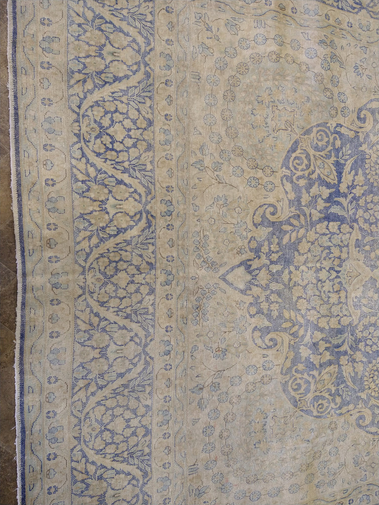 VINTAGE 10' x 13' Persian Kerman Old Worn Carpet Beige Blue #5039