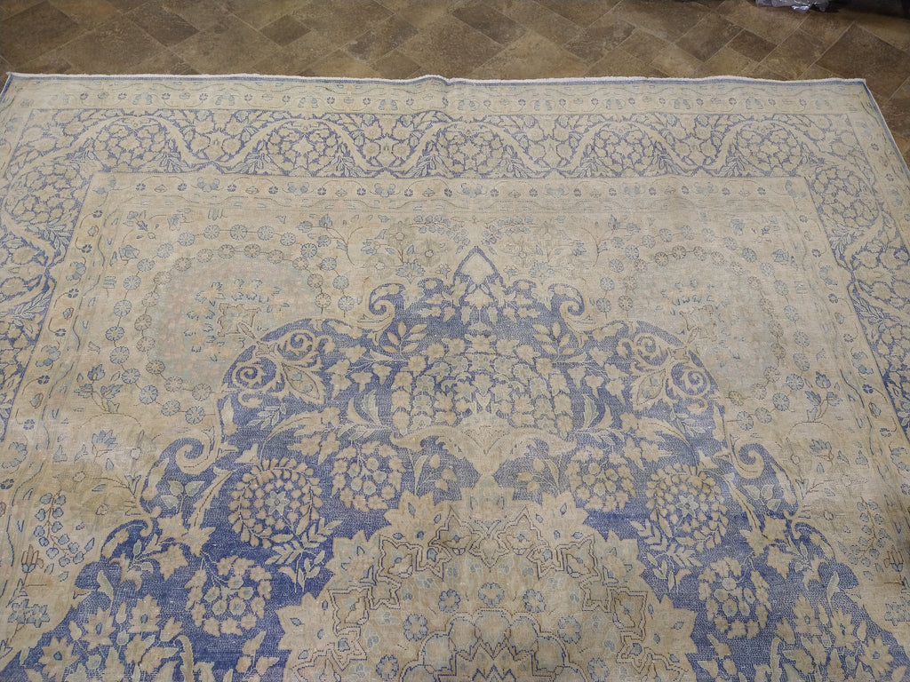 VINTAGE 10' x 13' Persian Kerman Old Worn Carpet Beige Blue #5039